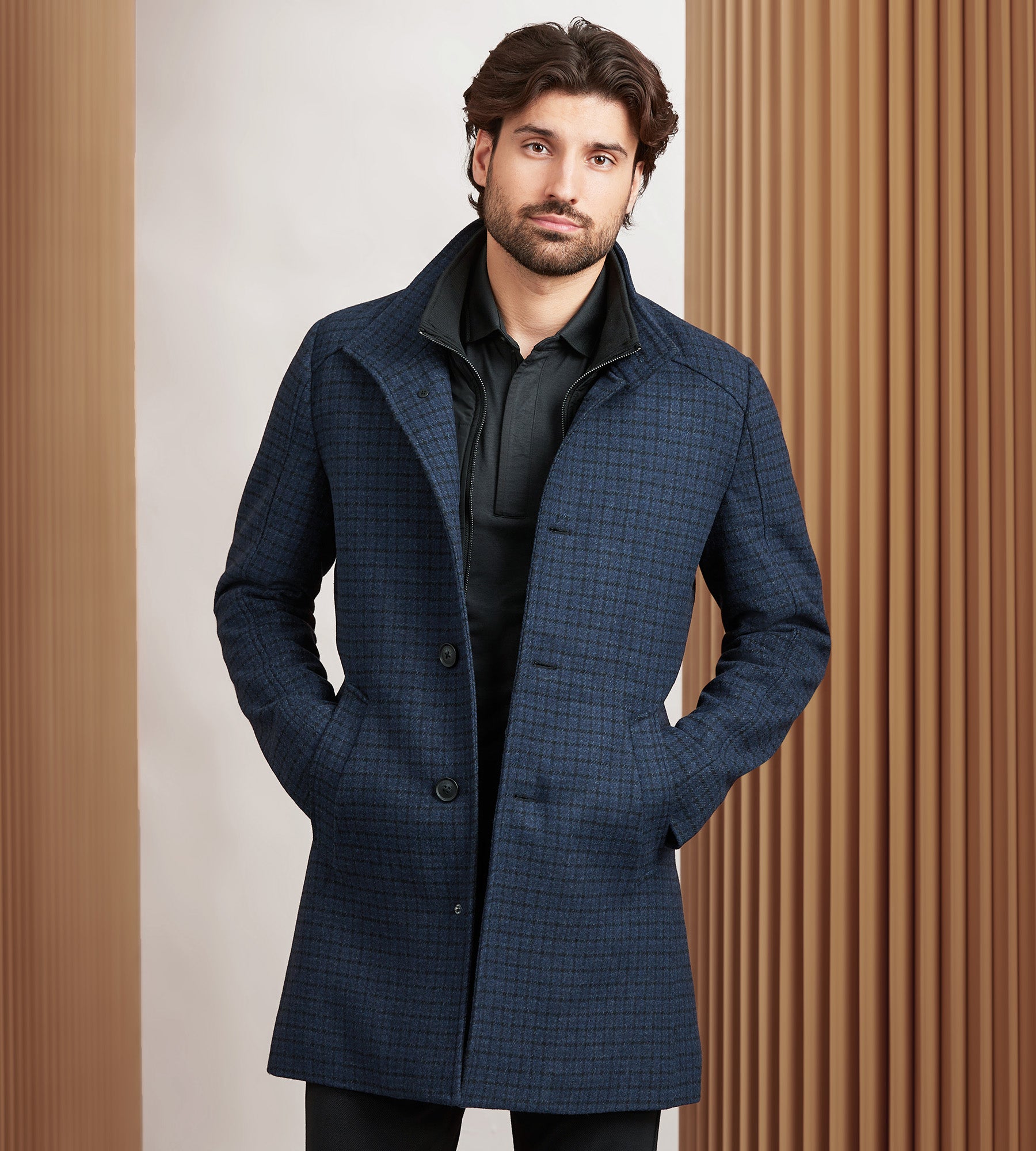 Slim Fit Funnel Collar Houndstooth Wool Coat