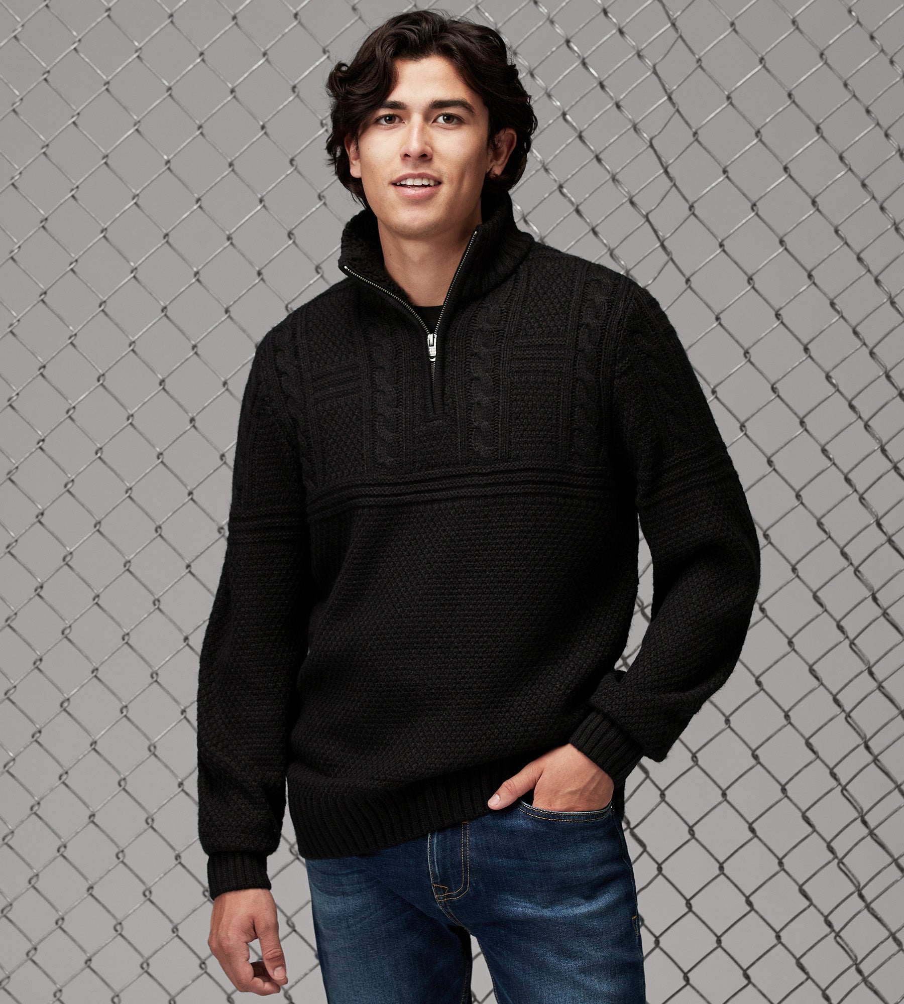 Modern Fit Quarter-Zip Mock Neck Sherpa-Lined-Collar Sweater – Tip Top