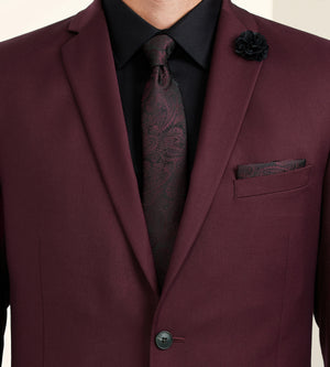 Mens 2 Button Skinny Vested Wool Suit in Burgundy