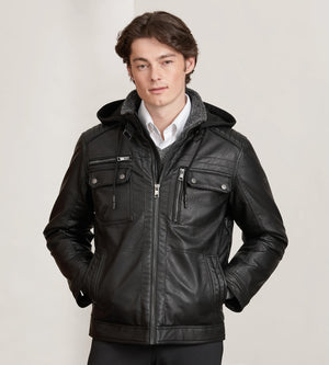 Modern Fit Vegan Leather Jacket With Hood