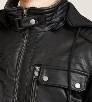 Modern Fit Vegan Leather Jacket With Hood