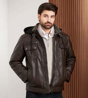 Modern Fit Vegan Leather Jacket With Hood