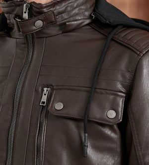 Modern Fit Vegan Leather Jacket With Hood