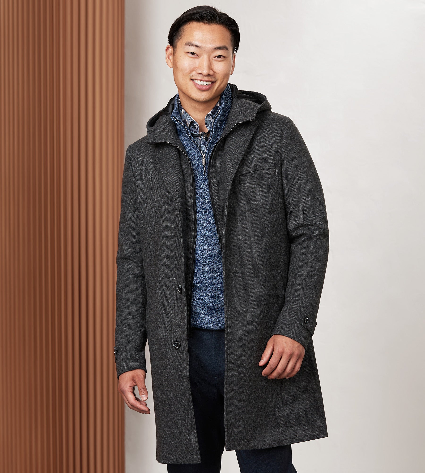 Modern Fit 4 Way Stretch Wool Coat with Removable Hood Hechter Paris Tip Top Tailors Shop online and in store for men s apparel dresswear formal events and wedding wear solutions. Shipping