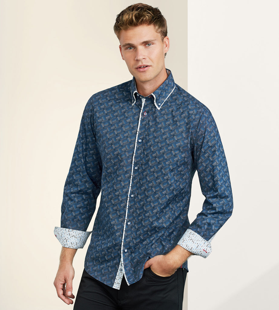 Modern Fit Long Sleeve Double-Collar Geo Print Sport Shirt – Tip Top