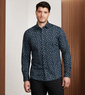 Modern Fit 360 Stretch Long Sleeve Paisley Printed Sport Shirt